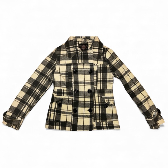 Women’s Pea Coat Size Medium Gray and White Plaid - Picture 2 of 6
